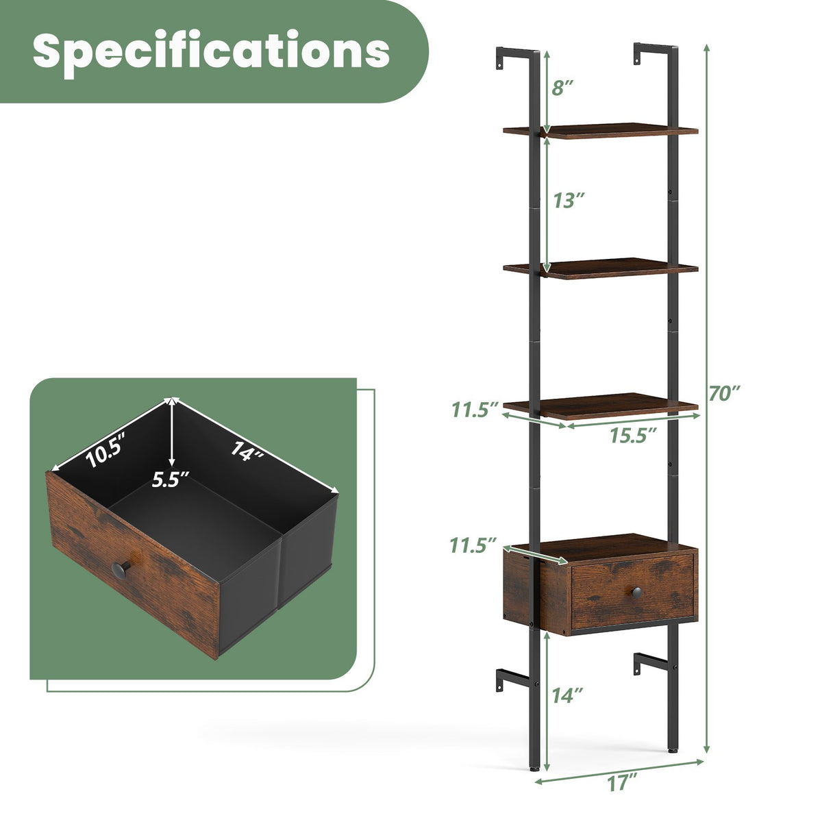 5-Tier Ladder Bookcase with Drawer and Metal Frame for Study Home Office-Rustic Brown view 5