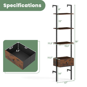 5-Tier Ladder Bookcase with Drawer and Metal Frame for Study Home Office-Rustic Brown view 5