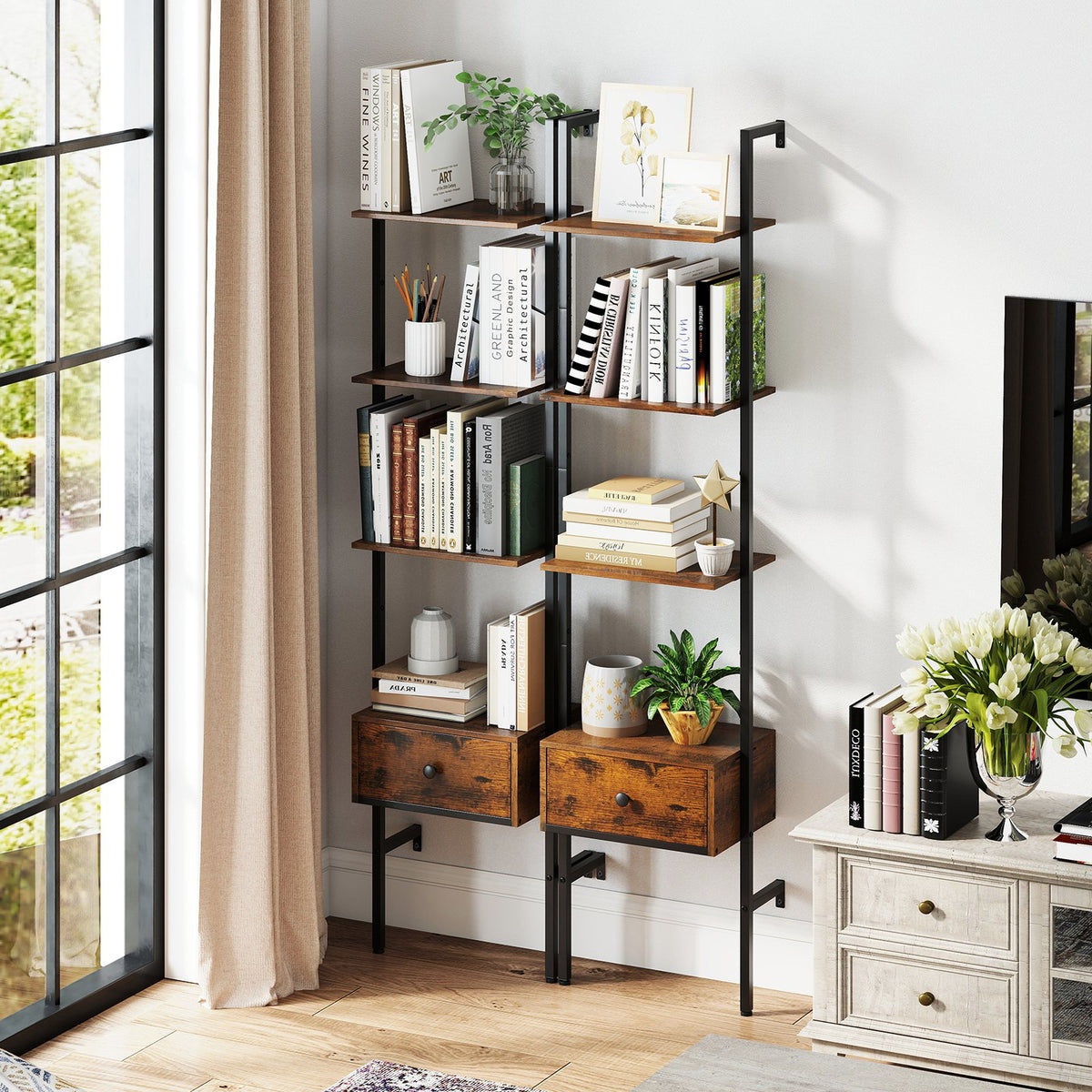 5-Tier Ladder Bookcase with Drawer and Metal Frame for Study Home Office-Rustic Brown view 6