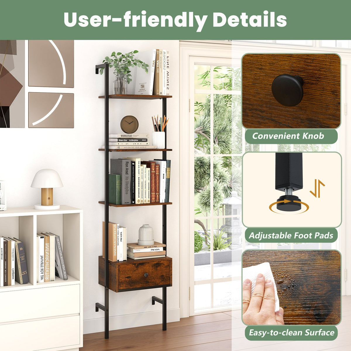5-Tier Ladder Bookcase with Drawer and Metal Frame for Study Home Office-Rustic Brown view 7