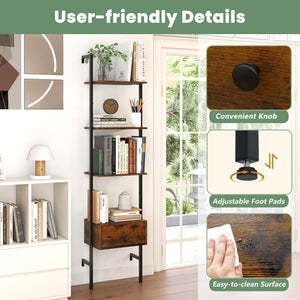 5-Tier Ladder Bookcase with Drawer and Metal Frame for Study Home Office-Rustic Brown view 7