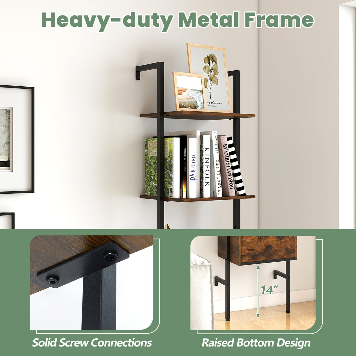 5-Tier Ladder Bookcase with Drawer and Metal Frame for Study Home Office-Rustic Brown view 8