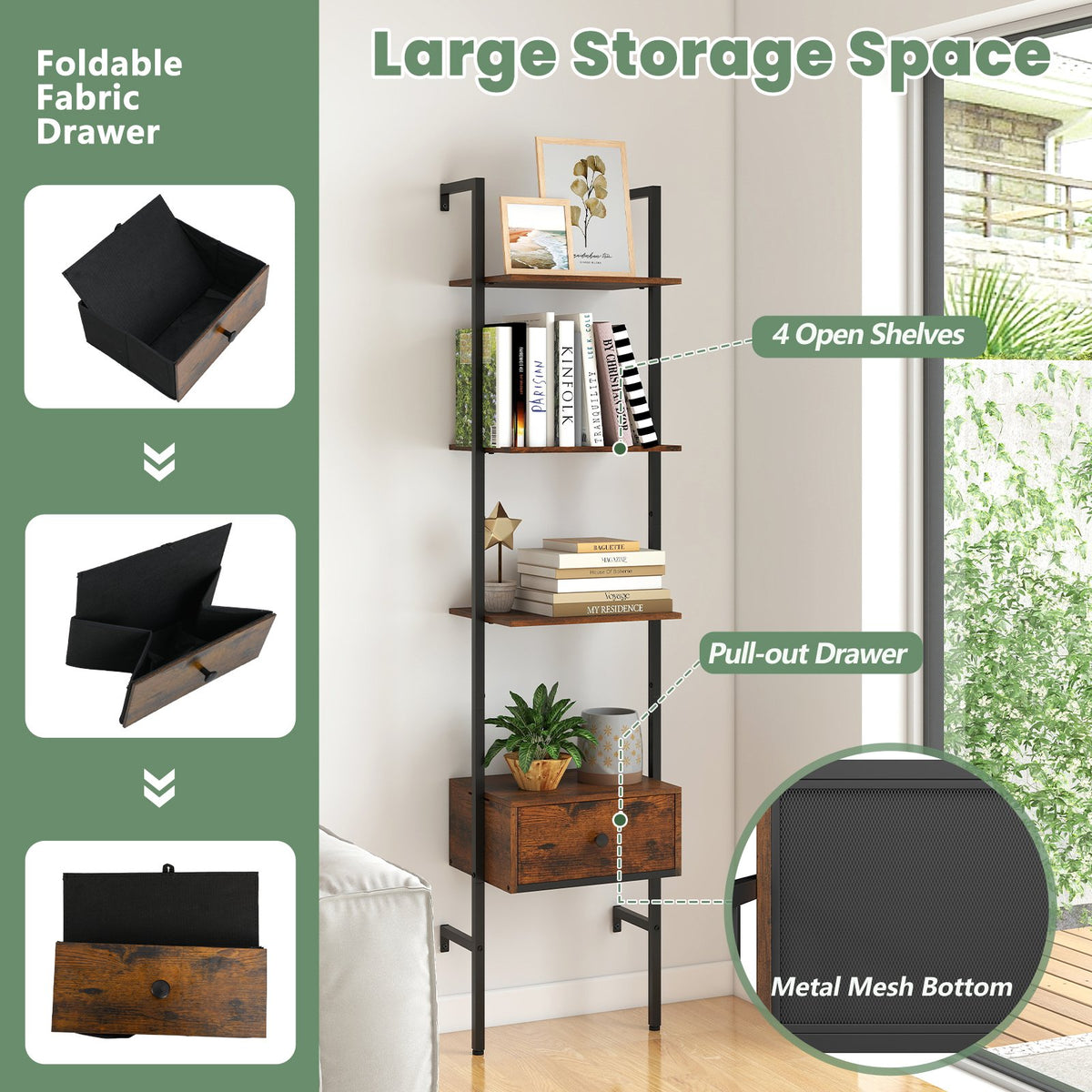 5-Tier Ladder Bookcase with Drawer and Metal Frame for Study Home Office-Rustic Brown view 9