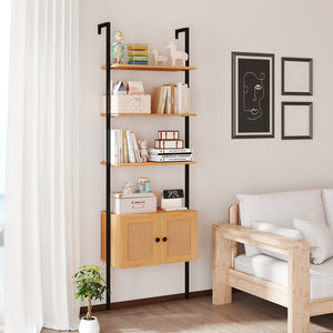 5-Tier Ladder Bookcase with Rattan Cabinet and Metal Frame-Natural view 2