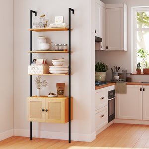 5-Tier Ladder Bookcase with Rattan Cabinet and Metal Frame-Natural view 3