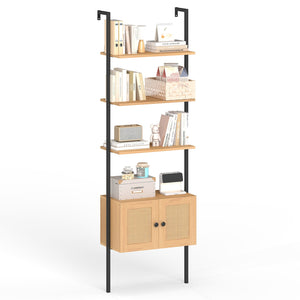 5-Tier Ladder Bookcase with Rattan Cabinet and Metal Frame-Natural view 4