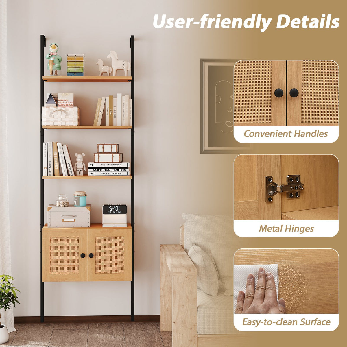5-Tier Ladder Bookcase with Rattan Cabinet and Metal Frame-Natural view 7