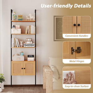 5-Tier Ladder Bookcase with Rattan Cabinet and Metal Frame-Natural view 7