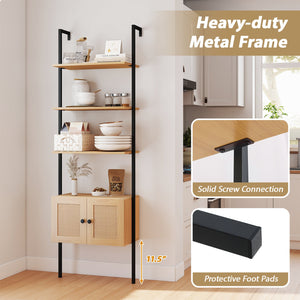 5-Tier Ladder Bookcase with Rattan Cabinet and Metal Frame-Natural view 8