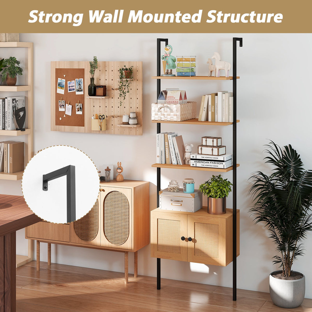 5-Tier Ladder Bookcase with Rattan Cabinet and Metal Frame-Natural view 9
