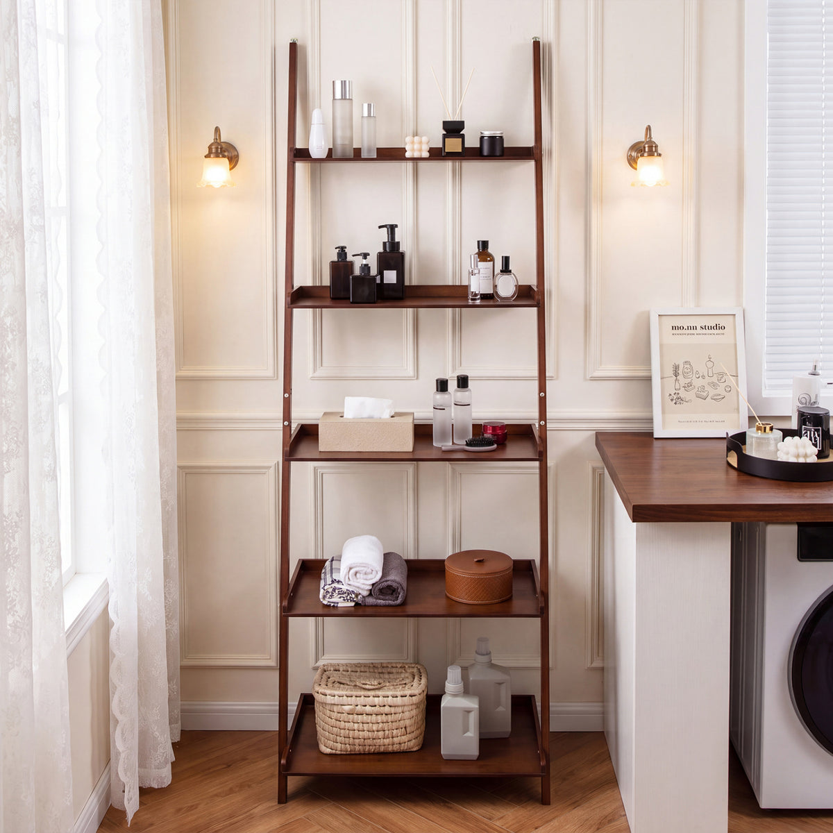 5-Tier Ladder Shelf Bamboo Bookshelf Wall-Leaning Storage Display Plant Stand-Walnut view 2