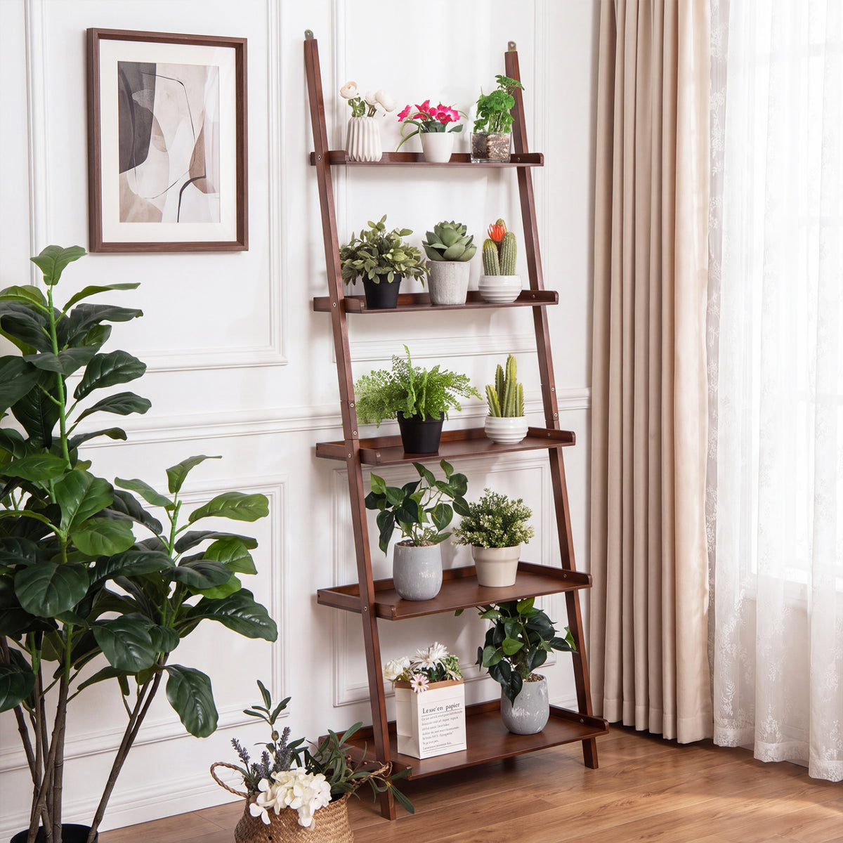 5-Tier Ladder Shelf Bamboo Bookshelf Wall-Leaning Storage Display Plant Stand-Walnut view 3