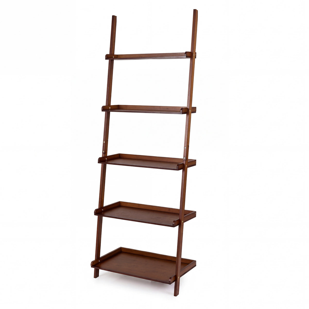 5-Tier Ladder Shelf Bamboo Bookshelf Wall-Leaning Storage Display Plant Stand-Walnut view 4