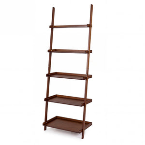 5-Tier Ladder Shelf Bamboo Bookshelf Wall-Leaning Storage Display Plant Stand-Walnut view 4