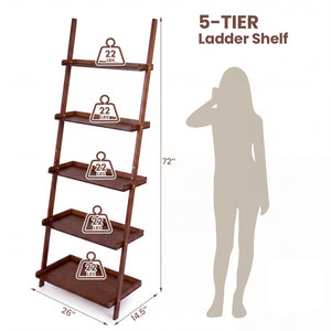 5-Tier Ladder Shelf Bamboo Bookshelf Wall-Leaning Storage Display Plant Stand-Walnut view 5