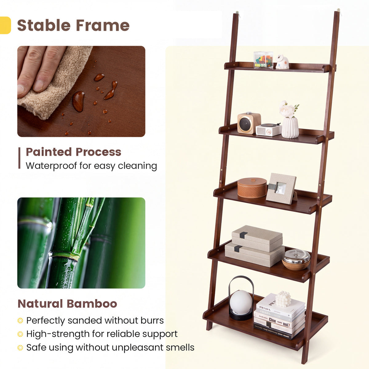 5-Tier Ladder Shelf Bamboo Bookshelf Wall-Leaning Storage Display Plant Stand-Walnut view 7
