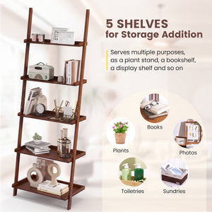 5-Tier Ladder Shelf Bamboo Bookshelf Wall-Leaning Storage Display Plant Stand-Walnut view 9