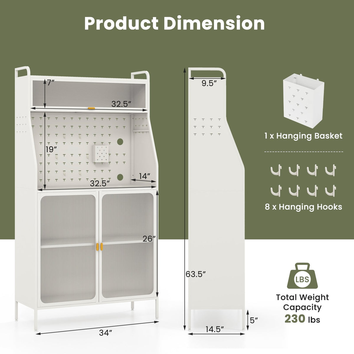 5-Tier Metal Baker's Rack with See-through Flip-up Door and Pegboard-White view 5