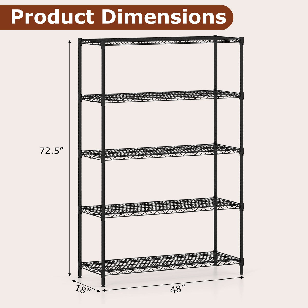 5-Tier Metal Storage Shelving Unit with V-Shaped Wire Rack-Black view 5