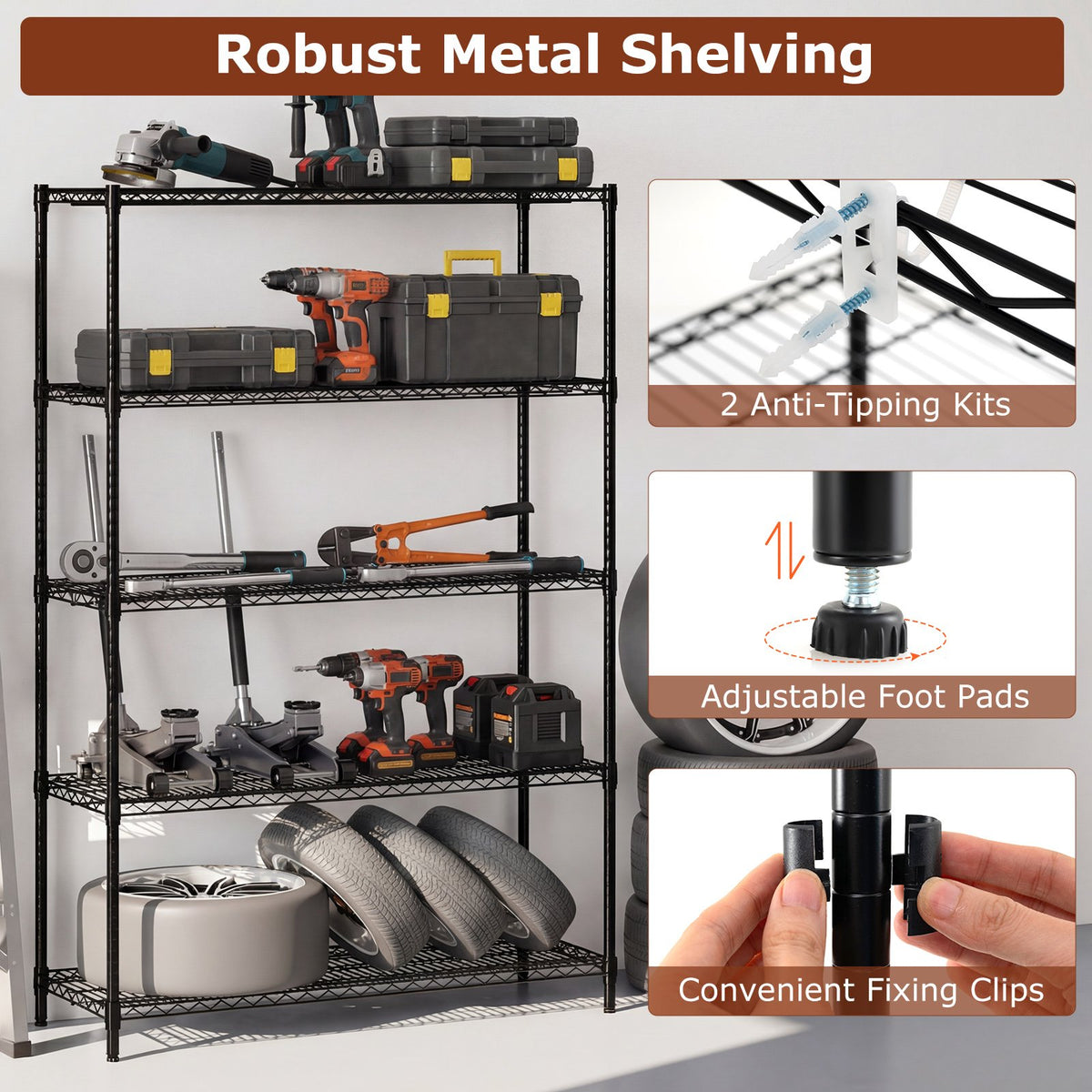 5-Tier Metal Storage Shelving Unit with V-Shaped Wire Rack-Black view 8