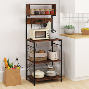 5-Tier Microwave Stand with Power Outlet and 10 S-shape Hooks-Rustic Brown view 2