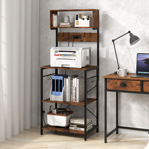 5-Tier Microwave Stand with Power Outlet and 10 S-shape Hooks-Rustic Brown view 3