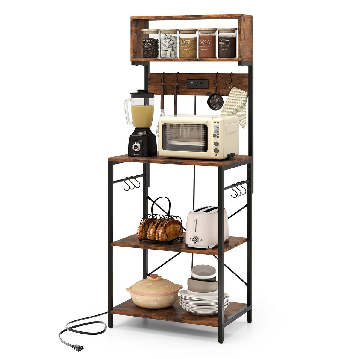 5-Tier Microwave Stand with Power Outlet and 10 S-shape Hooks-Rustic Brown view 4