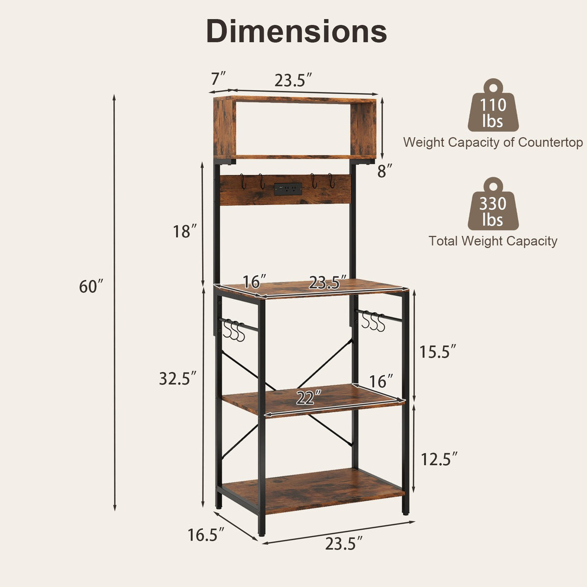 5-Tier Microwave Stand with Power Outlet and 10 S-shape Hooks-Rustic Brown view 5