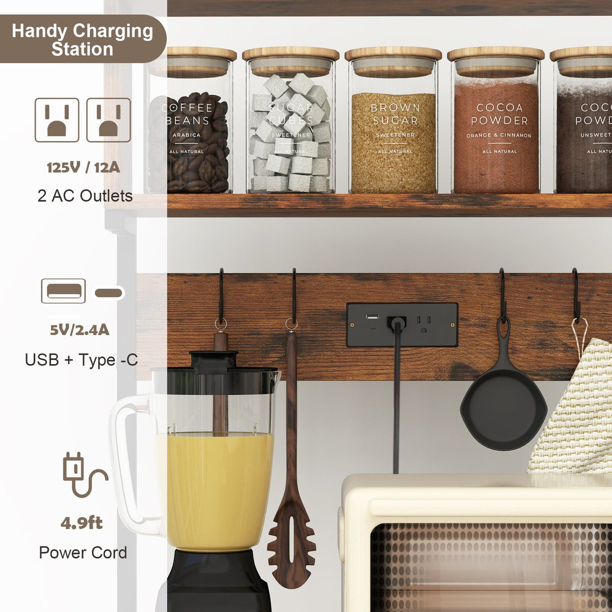 5-Tier Microwave Stand with Power Outlet and 10 S-shape Hooks-Rustic Brown view 6