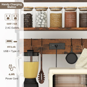 5-Tier Microwave Stand with Power Outlet and 10 S-shape Hooks-Rustic Brown view 6