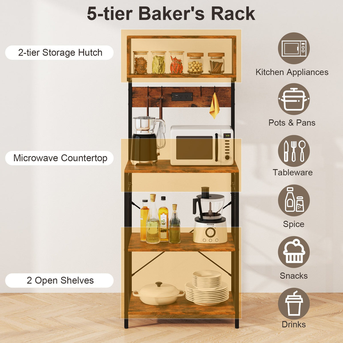 5-Tier Microwave Stand with Power Outlet and 10 S-shape Hooks-Rustic Brown view 7