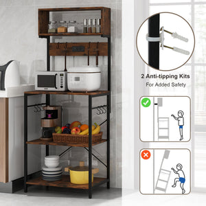 5-Tier Microwave Stand with Power Outlet and 10 S-shape Hooks-Rustic Brown view 8