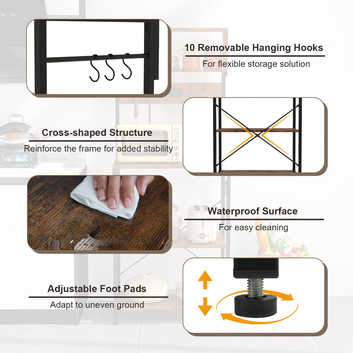 5-Tier Microwave Stand with Power Outlet and 10 S-shape Hooks-Rustic Brown view 9