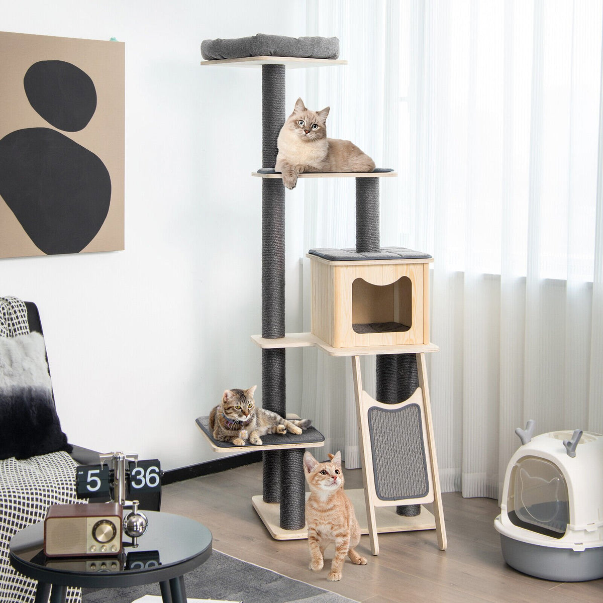 5-Tier Modern Wood Cat Tower with Washable Cushions-Gray view 2