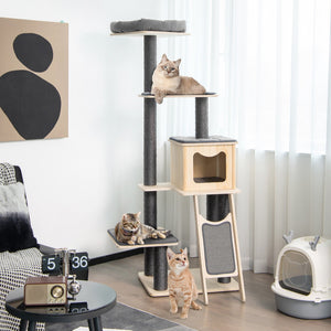 5-Tier Modern Wood Cat Tower with Washable Cushions-Gray view 2