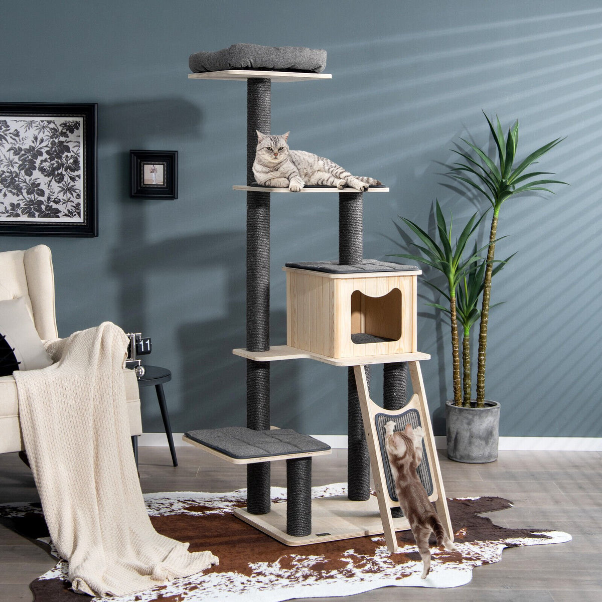 5-Tier Modern Wood Cat Tower with Washable Cushions-Gray view 3