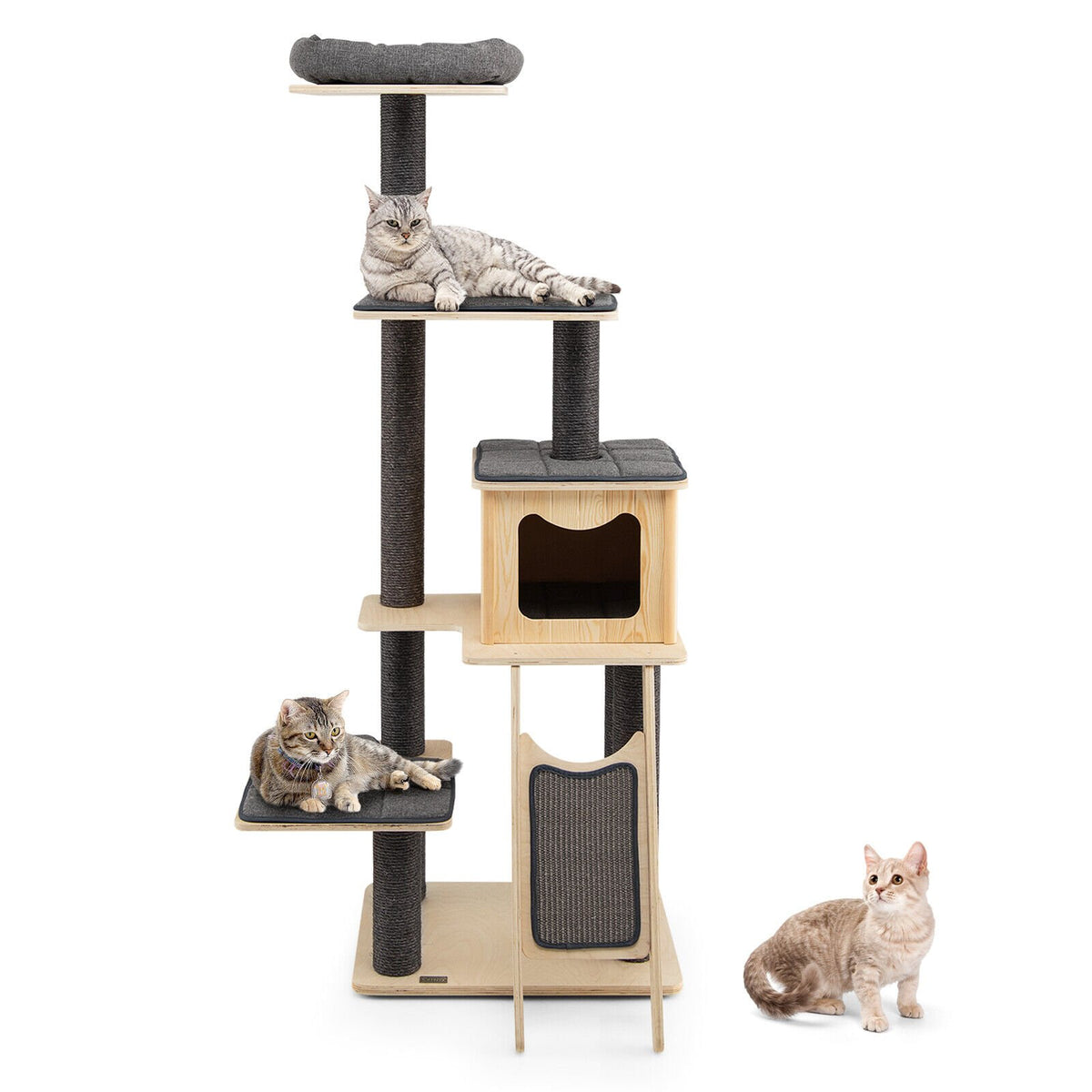 5-Tier Modern Wood Cat Tower with Washable Cushions-Gray view 4