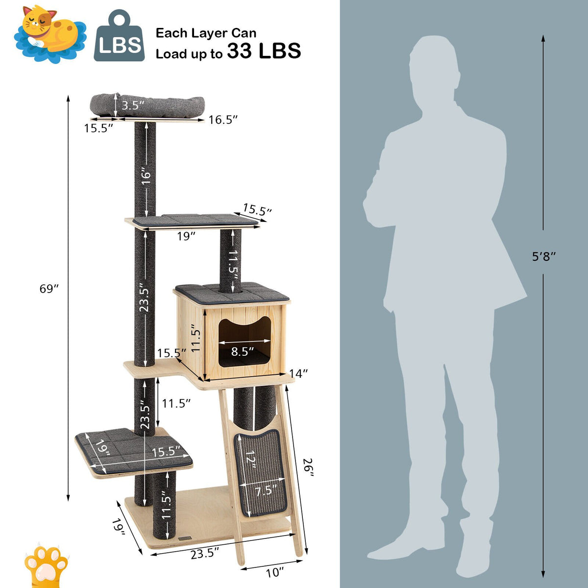 5-Tier Modern Wood Cat Tower with Washable Cushions-Gray view 5