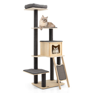 5-Tier Modern Wood Cat Tower with Washable Cushions-Gray view 6