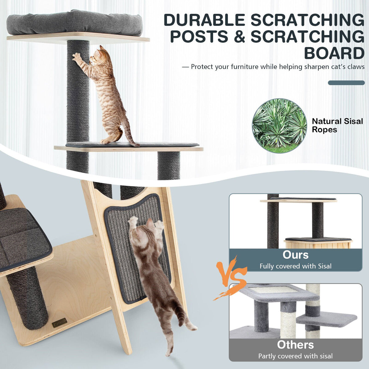 5-Tier Modern Wood Cat Tower with Washable Cushions-Gray view 7