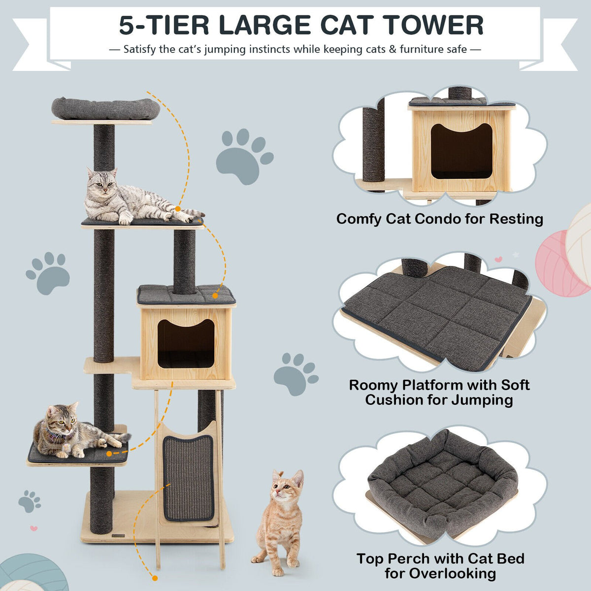 5-Tier Modern Wood Cat Tower with Washable Cushions-Gray view 8