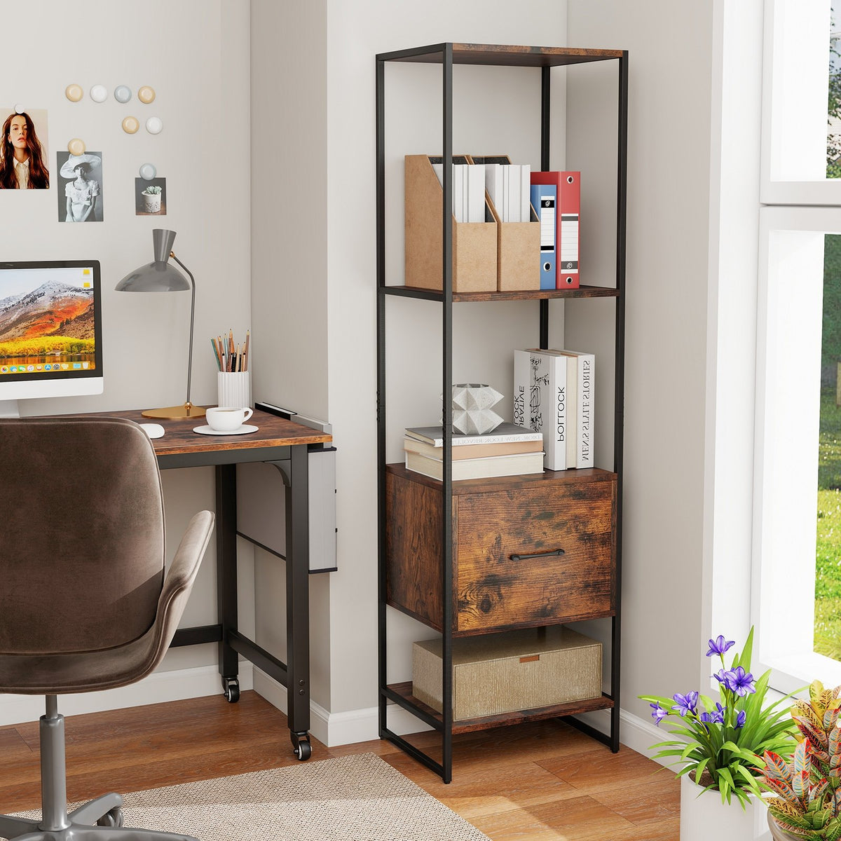 5-Tier Narrow Bookcase with 4 Open Shelves and Storage Drawer-Rustic Brown view 2