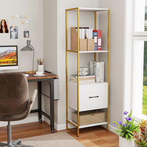 5-Tier Narrow Bookcase with 4 Open Shelves and Storage Drawer-White view 2
