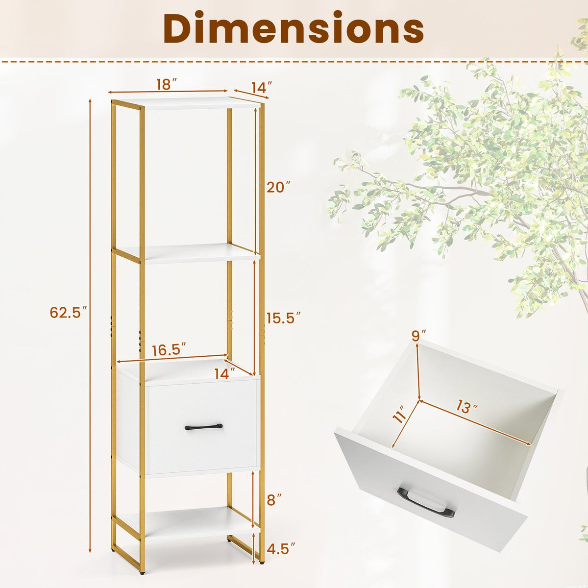5-Tier Narrow Bookcase with 4 Open Shelves and Storage Drawer-White view 5