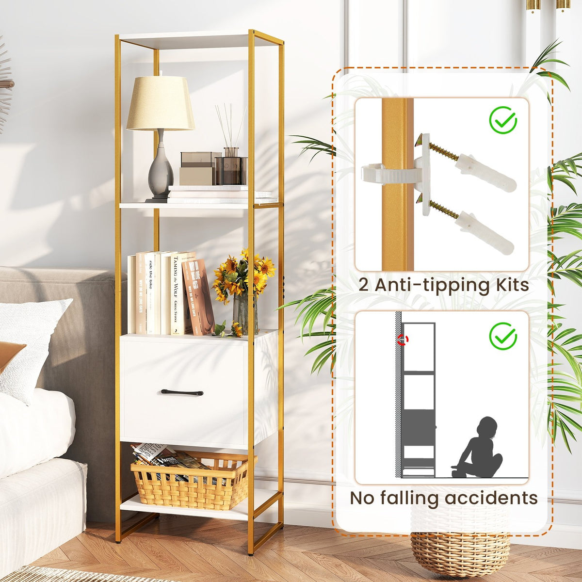 5-Tier Narrow Bookcase with 4 Open Shelves and Storage Drawer-White view 7