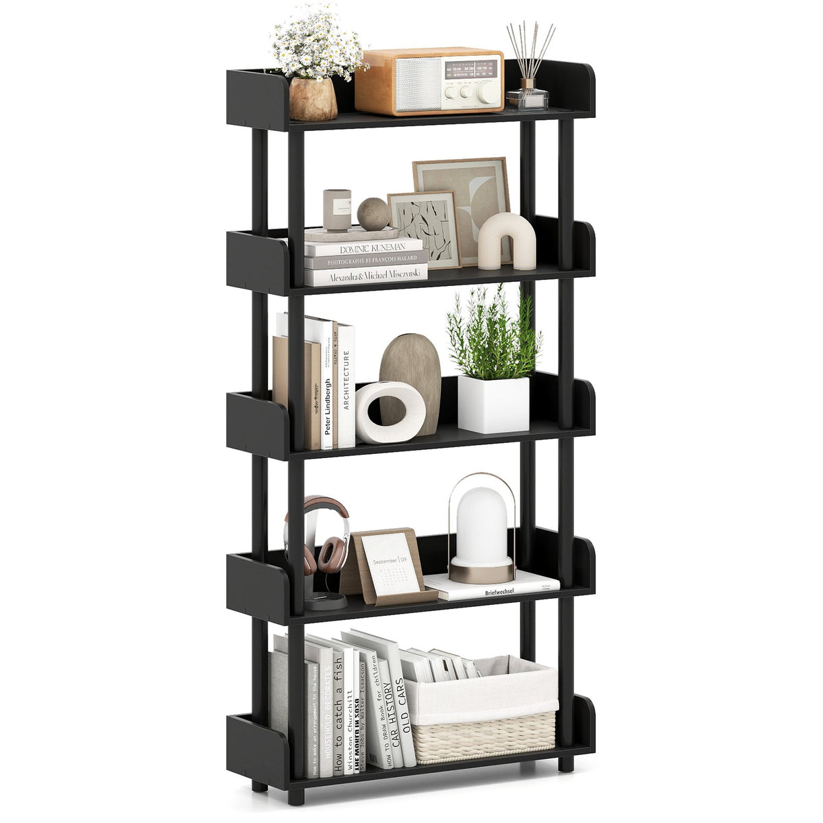 5-Tier Open Bookcase with Industrial Storage Unit-Black