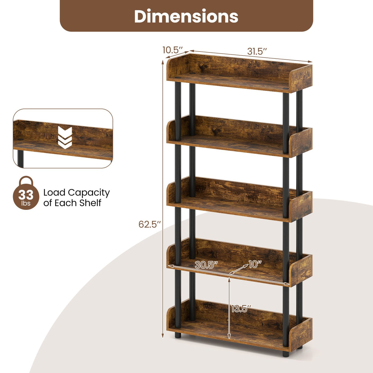 5-Tier Open Bookcase with Industrial Storage Unit-Rustic Brown view 5