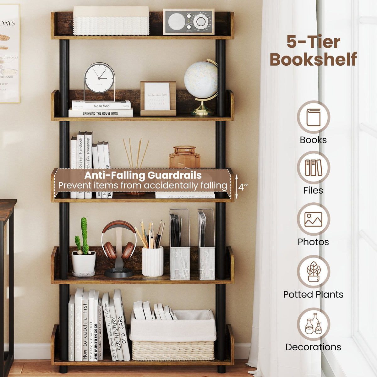 5-Tier Open Bookcase with Industrial Storage Unit-Rustic Brown view 6