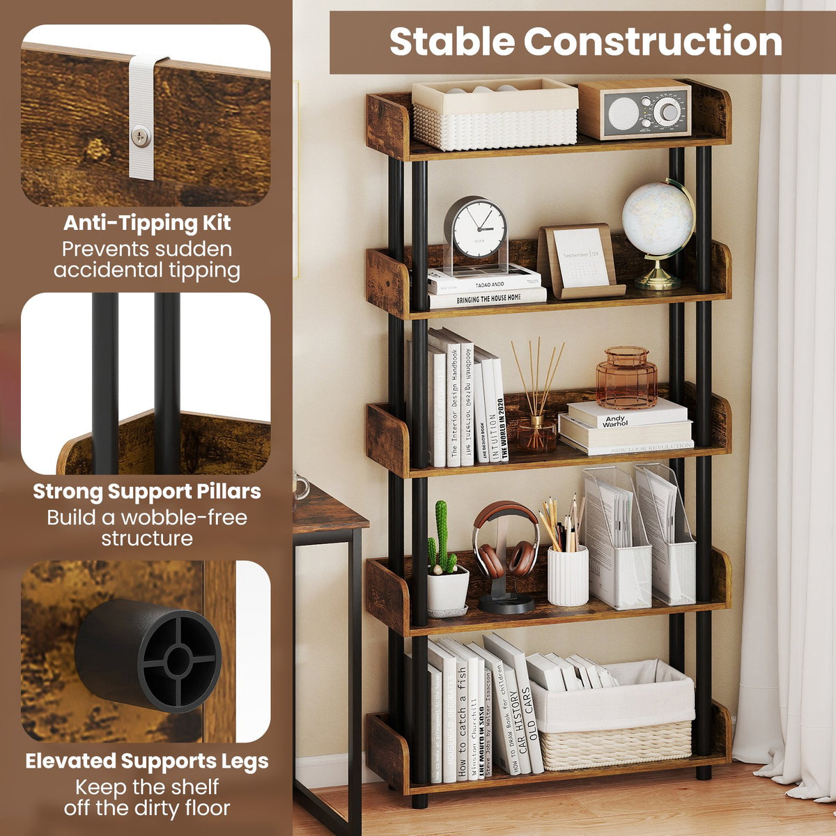 5-Tier Open Bookcase with Industrial Storage Unit-Rustic Brown view 8