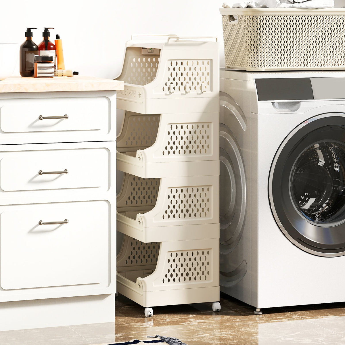5-Tier Rolling Laundry Basket with Wheels Plastic Storage Cart with Side Hooks view 2